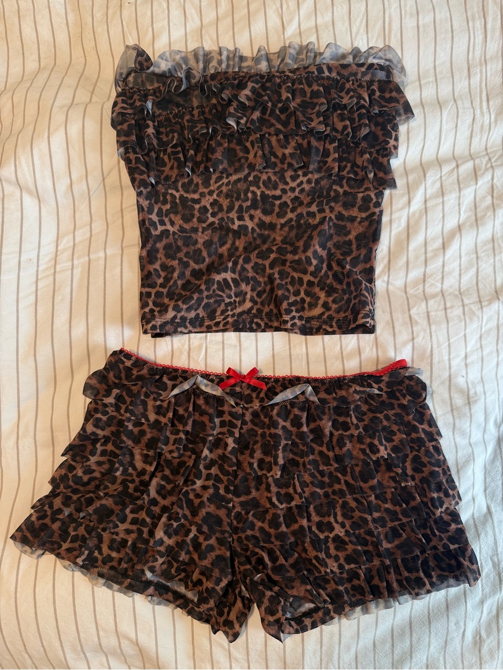 Leopard Print Lace-Trim Set - Brown/Black